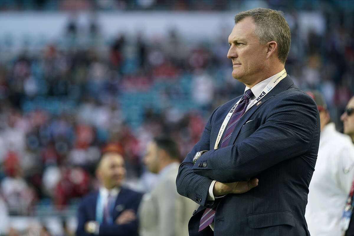 San Francisco 49ers general manager John Lynch watches his team warm up before the NFL Super Bowl 54 football against the Kansas City Chiefs Sunday, Feb. 2, 2020, in Miami. (AP Photo/David J. Phillip)