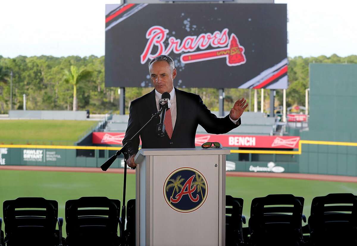 Major League Baseball Commissioner Rob Manfred takes questions about the Houston Astros while holding his press conference during the "Florida Governor's Dinner" kicking off spring training at the Atlanta Braves CoolToday Park on Sunday, Feb. 16, 2020, in North Port, Fla. (Curtis Compton/Atlanta Journal-Constitution/TNS)
