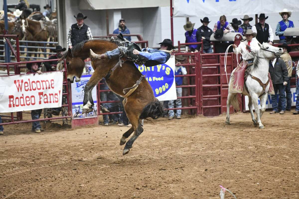 Frank Phillips College's Bubba Holcomb competes in bareback riding at the Odessa College Rodeo on Thursday, Feb. 20, 2020 at the Ector County Coliseum.