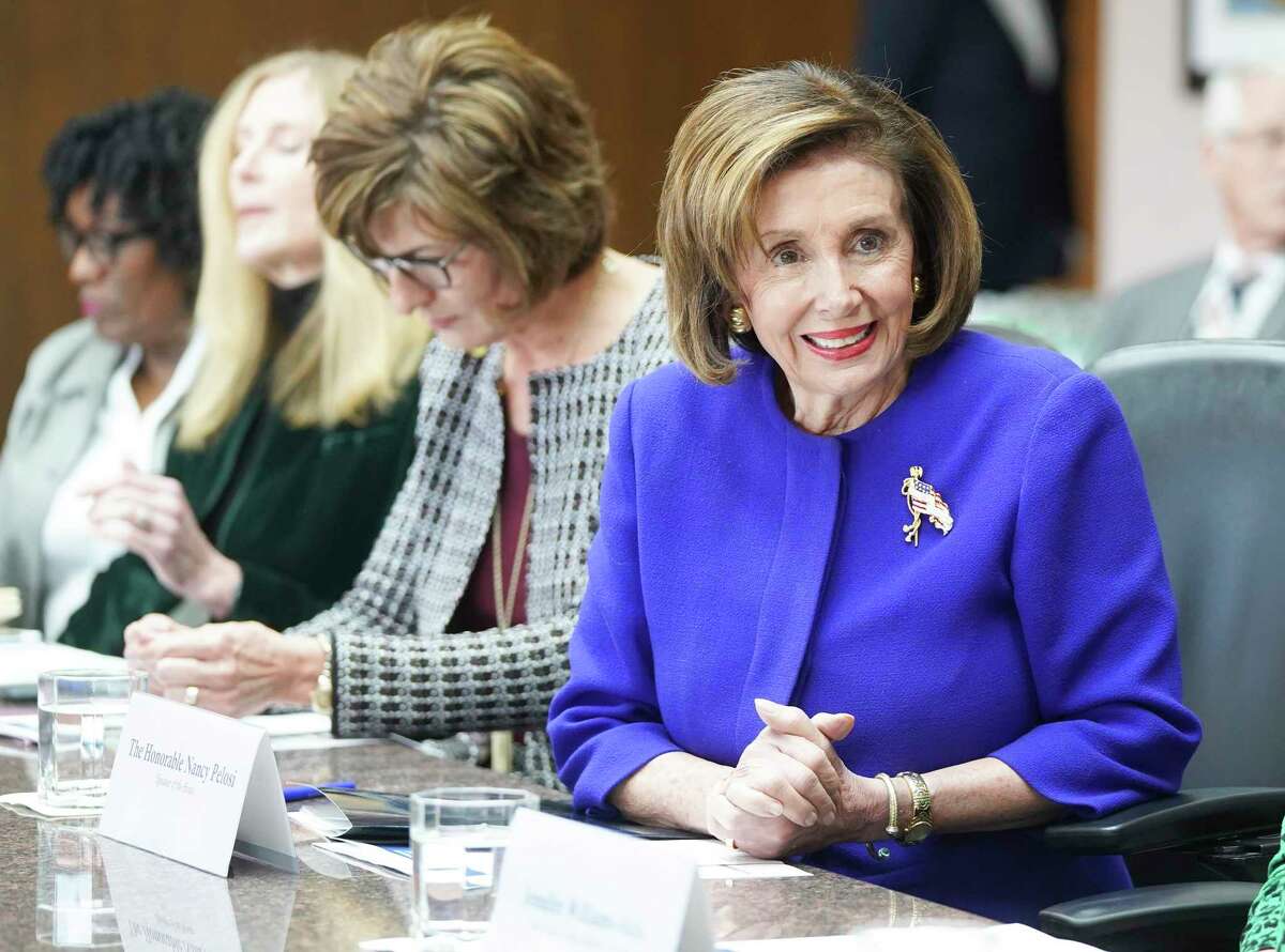 U.S. Speaker of the House Nancy Pelosi sits down for a round-table discussion on the Houston Port at the Houston Port Authority on Friday, Feb. 21, 2020.