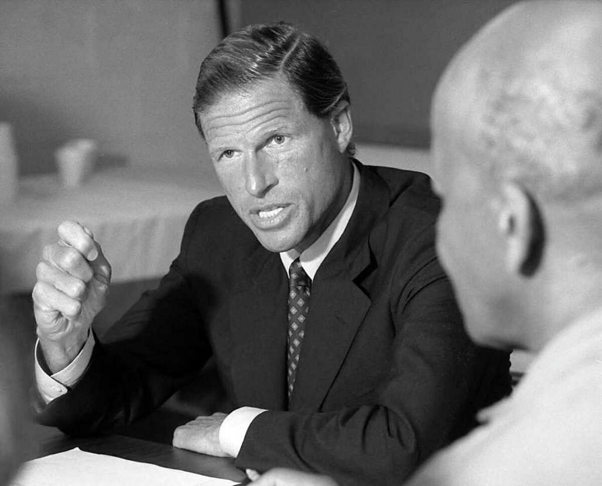 Connecticut Attorney General Richard Blumenthal meets with members of the Coalition for Justice at the Armstrong Court housing complex concerning prevention of incidents of racism and bias in Greenwich, Conn July of 1995.