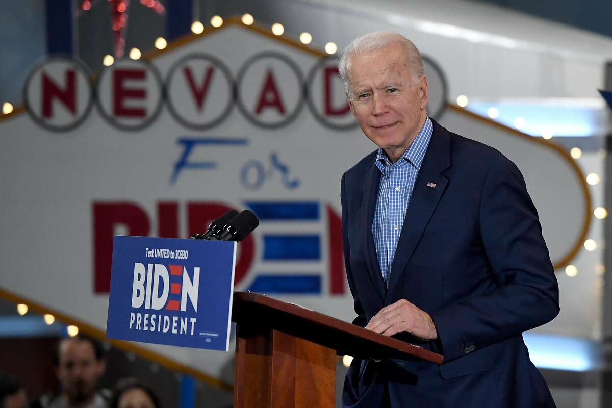 Former Vice President Joe Biden speaks during a Nevada caucus day event at IBEW Local 357 in Las Vegas.