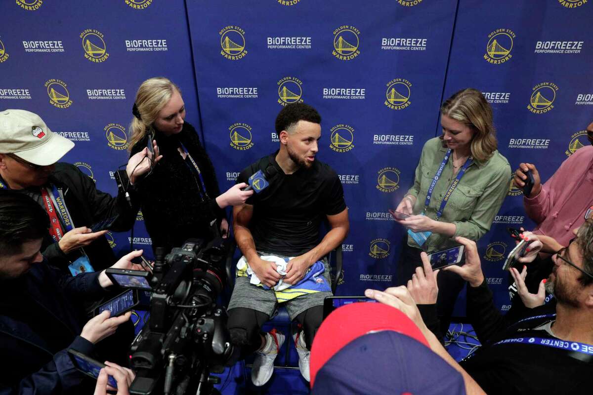 Stephen Curry talks to the press after shoot around during an off-day practice having been cleared to do full contact practices at Chase Center in San Francisco, Calif., on Saturday, February 22, 2020.