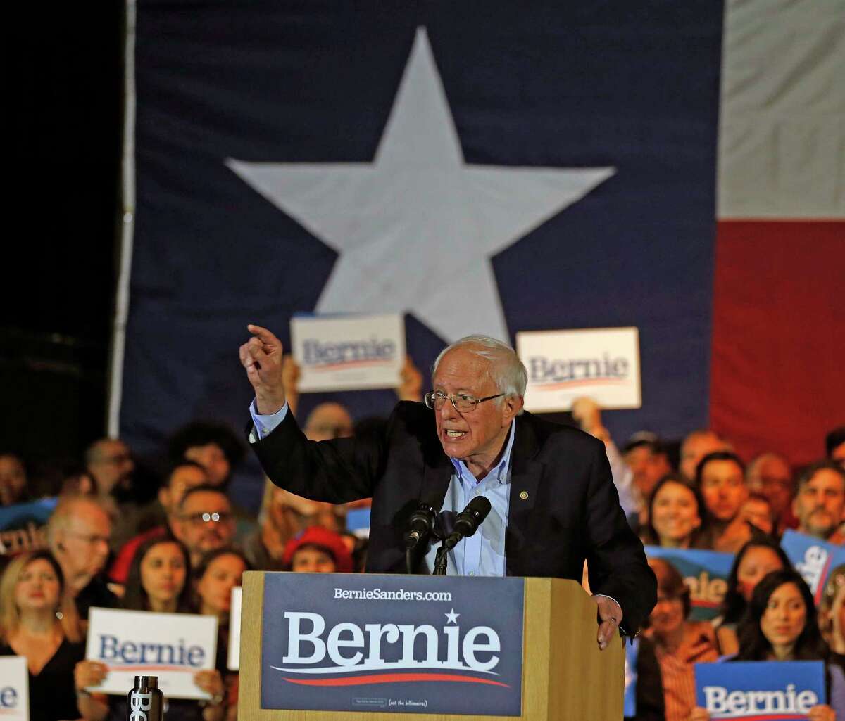 Bernie Sanders speaks to supporters at a campaign rally at the Cowboys Dance Hall on Saturday, February 22, 2020.