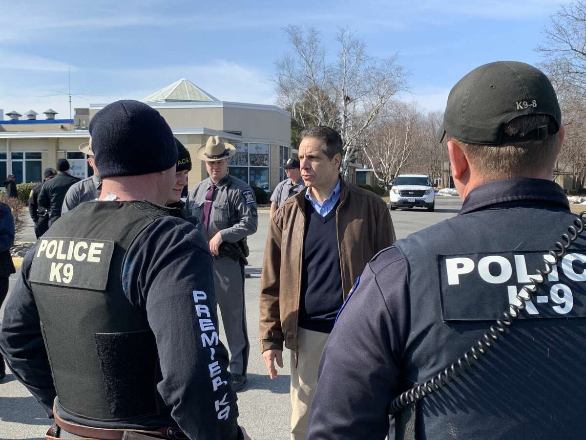 The Albany Jewish Community Center closed early on Sunday, Feb. 23, 2020 after it and roughly 18 other JCCs around the state received a vague threatening email that mentioned a bomb. Gov. Andrew Cuomo arrived to the scene at 340 Whitehall Rd. in Albany, N.Y. to debrief media.