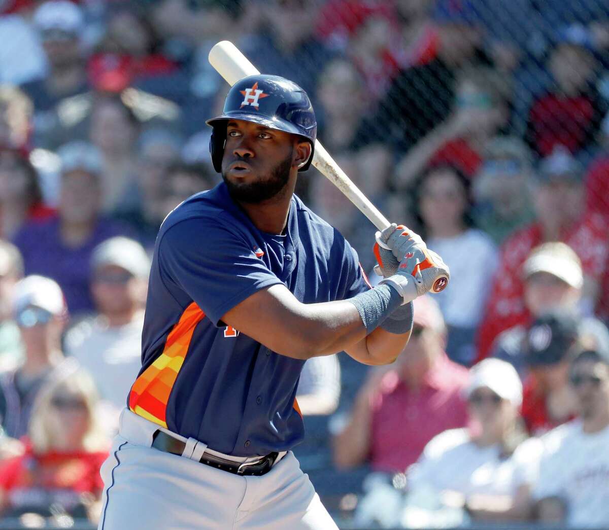 Houston Astros designated hitter Yordan Alvarez (44) strikes out in the first inning during a spring training game against the Washington Nationals at the Fitteam Ballpark of The Palm Beaches, in West Palm Beach, Sunday, Feb. 23, 2020.