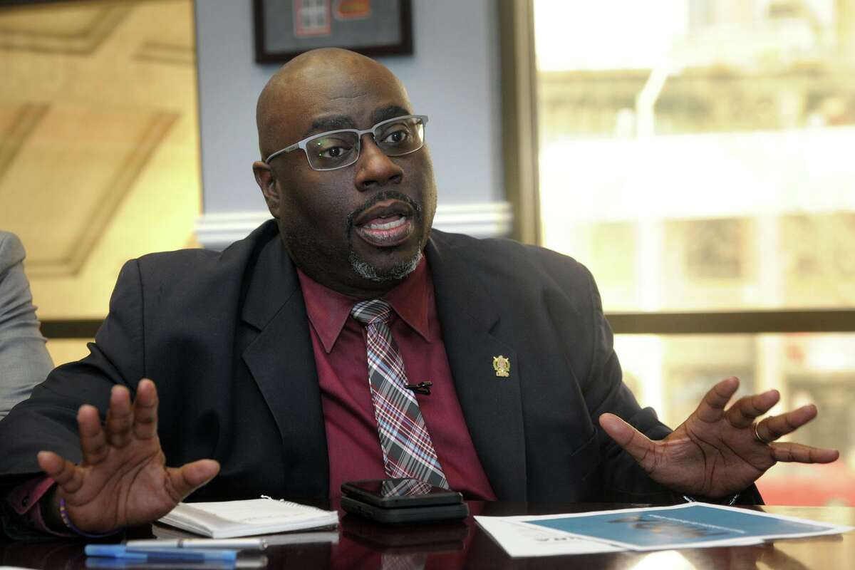 Earl Bloodworth, the new director of the City of Bridgeport’s Initiative for ReEntry Affairs, speaks during an interview in Bridgeport, Conn. Feb. 20, 2020.