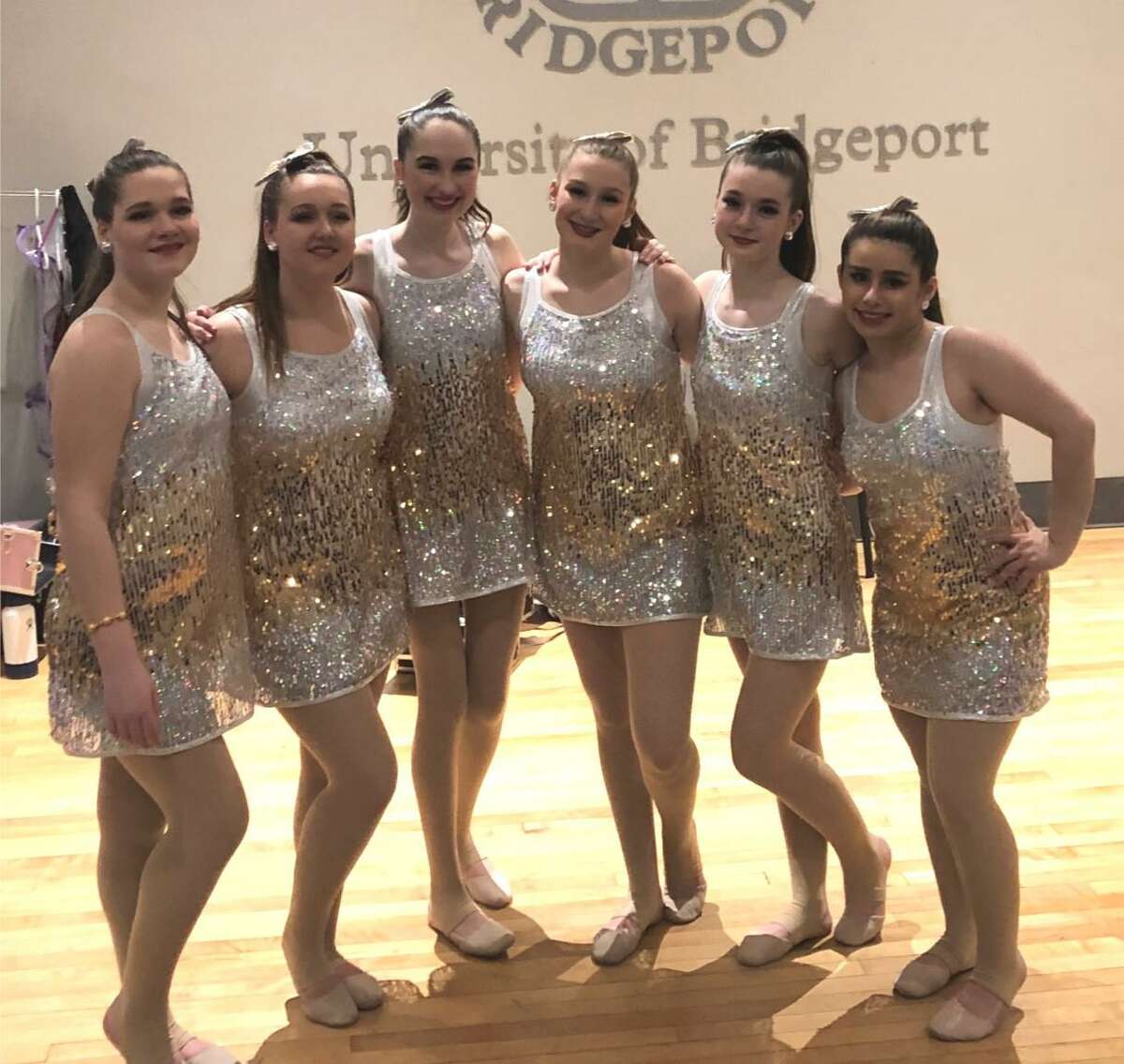 From left are Wilton Dance Studio dancers Weston freshmen Sarah and Kaitlyn Wohlford, Stacia Dooley of Wilton, Immaculate High School freshman Angela Pacheco of Danbury, Wilton High freshman Fiona Conway, and Christina Colin, a junior at Ridgefield High School. Feb. 2020