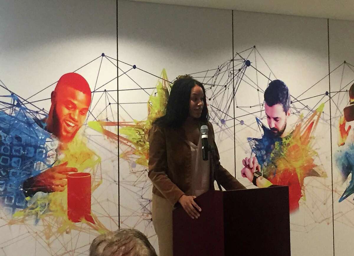 CTNext Executive Director Glendowlyn Thames speaks at an event announcing the launch of the Governor’s Innovation Fellowship at the offices of Tru Optik, at 750 E. Main St., in Stamford, Conn., on Monday, Feb. 24, 2020.