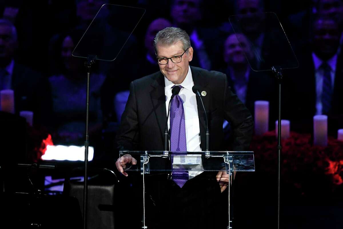 LOS ANGELES, CALIFORNIA - FEBRUARY 24: Geno Auriemma speaks during The Celebration of Life for Kobe & Gianna Bryant at Staples Center on February 24, 2020 in Los Angeles, California. (Photo by Kevork Djansezian/Getty Images)