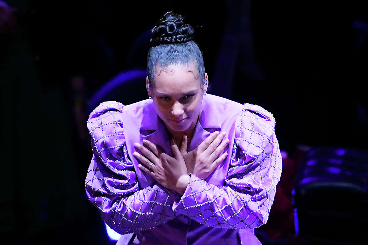 LOS ANGELES, CALIFORNIA - FEBRUARY 24: Alicia Keys performs during The Celebration of Life for Kobe & Gianna Bryant at Staples Center on February 24, 2020 in Los Angeles, California. (Photo by Kevork Djansezian/Getty Images)