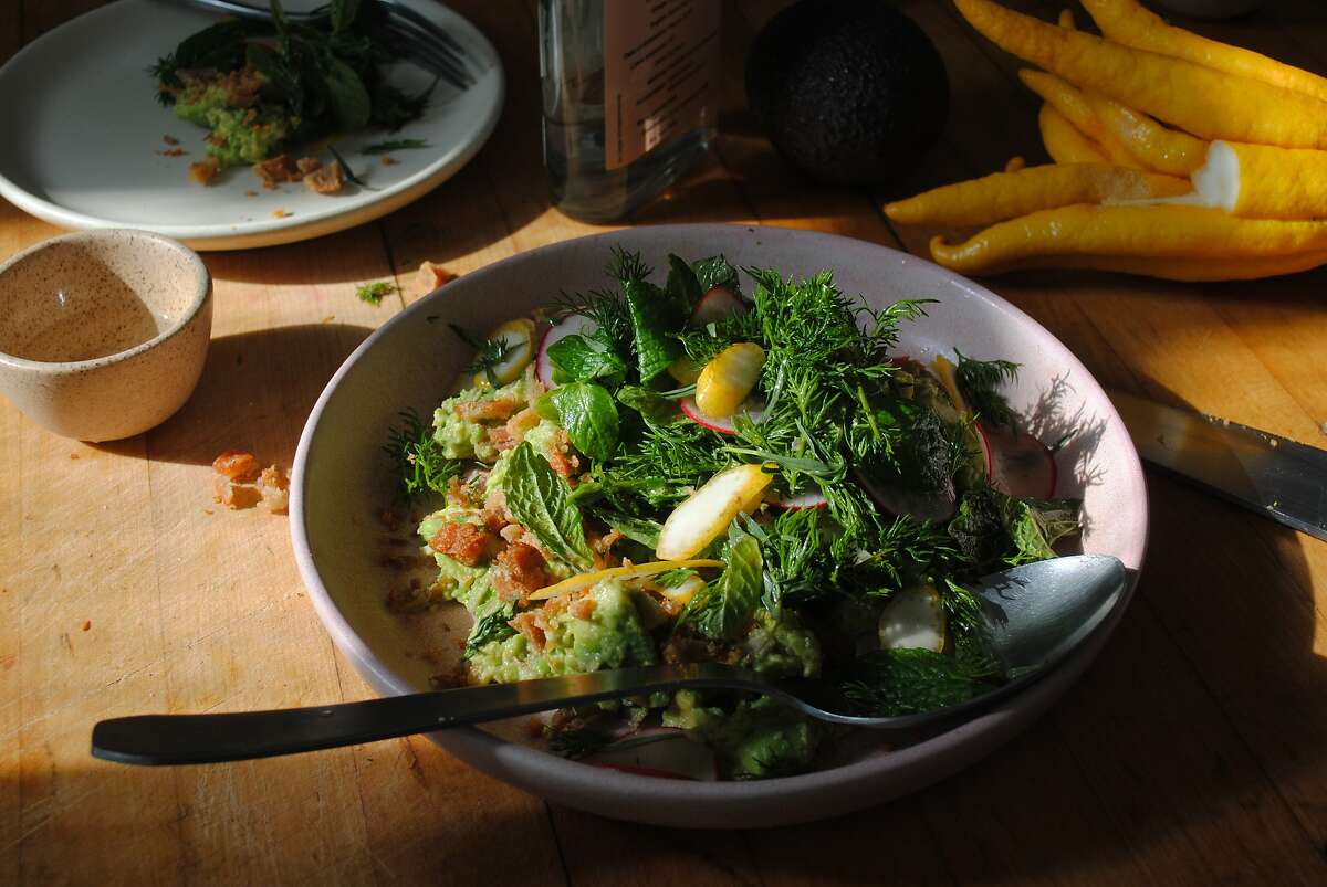 Avocado Mash With Chicharrones, Buddha's Hand & A Lot of Herbs