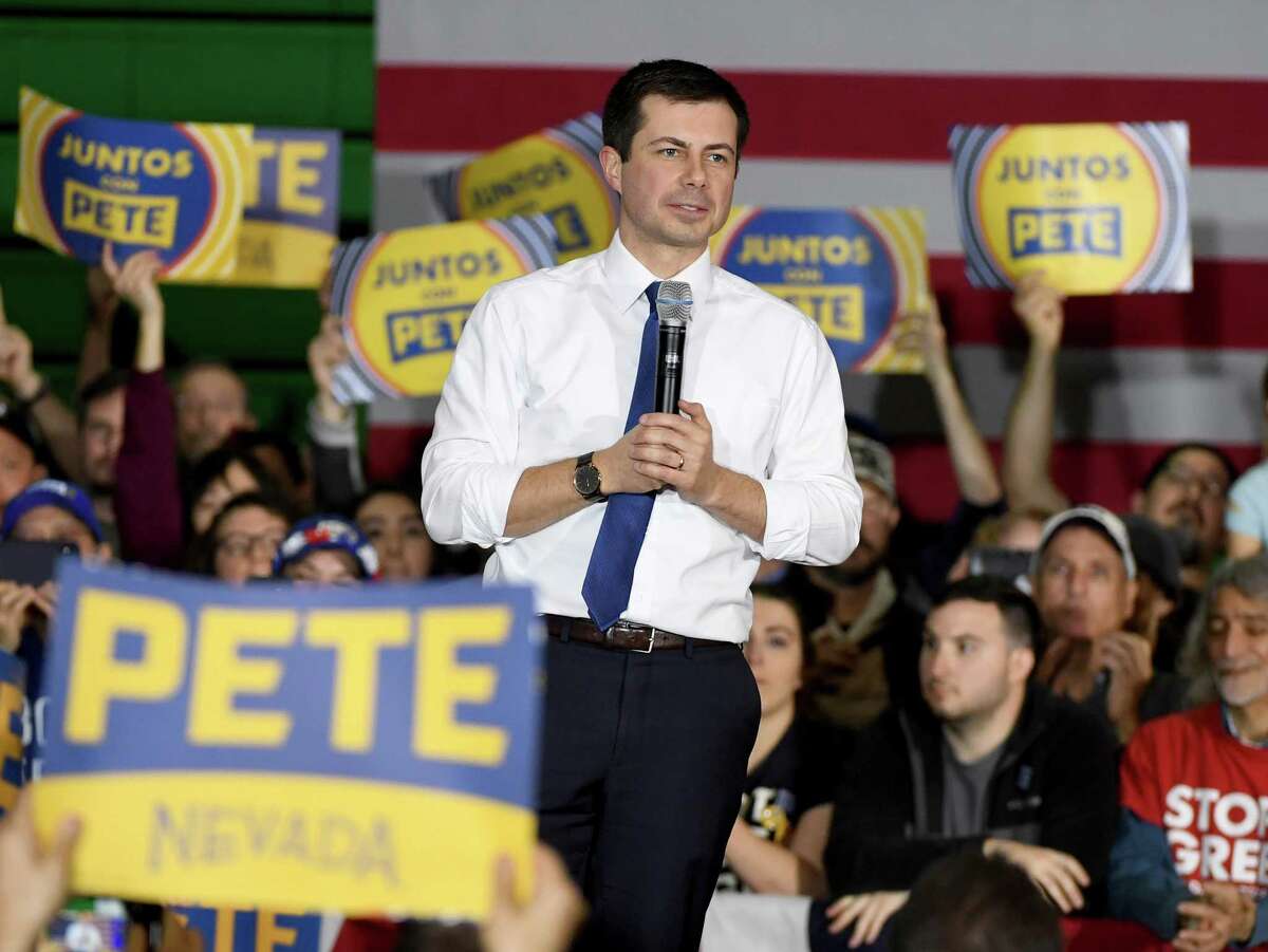 LAS VEGAS, NEVADA - FEBRUARY 16: Democratic presidential candidate former South Bend, Indiana Mayor Pete Buttigieg speaks during a rally at Rancho High School on February 16, 2020, in Las Vegas, Nevada. Buttigieg is campaigning ahead of the February 22 Nevada Democratic presidential caucus. (Photo by Ethan Miller/Getty Images)
