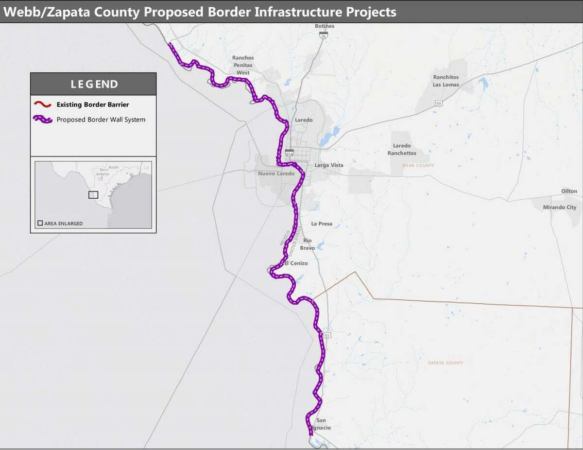 El mapa muestra la alineación propuesta para el muro fronterizo en los condados de Webb y Zapata, que recorrería 69 millas desde el Puente Solidaridad Colombia hasta San Ygnacio.