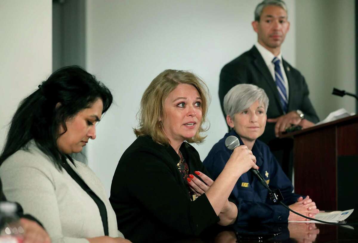 Dawn Emerick, center, director of Metro Health in San Antonio, answers questions with Anita Kurian, left, Metro Health’s assistant director of communicable disease, and Rear Adm. Nancy Knight, right, with the Centers for Disease Control and Prevention, about the coronavirus and the 144 people from a cruise ship who were brought to Joint Base San Antonio-Lackland for quarantine. Five from the ship have contracted the virus and are hospitalized.