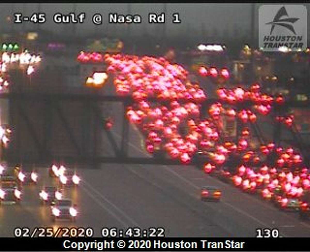 Traffic is backed up on the Gulf Freeway on Tuesday, Feb. 25, 2020.