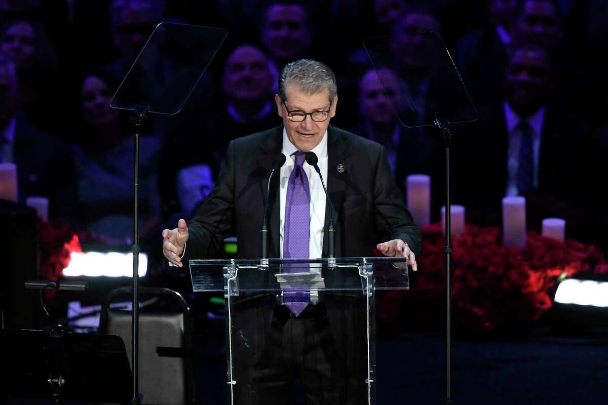 Geno Auriemma speaks during The Celebration of Life for Kobe & Gianna Bryant at Staples Center on February 24, 2020 in Los Angeles.
