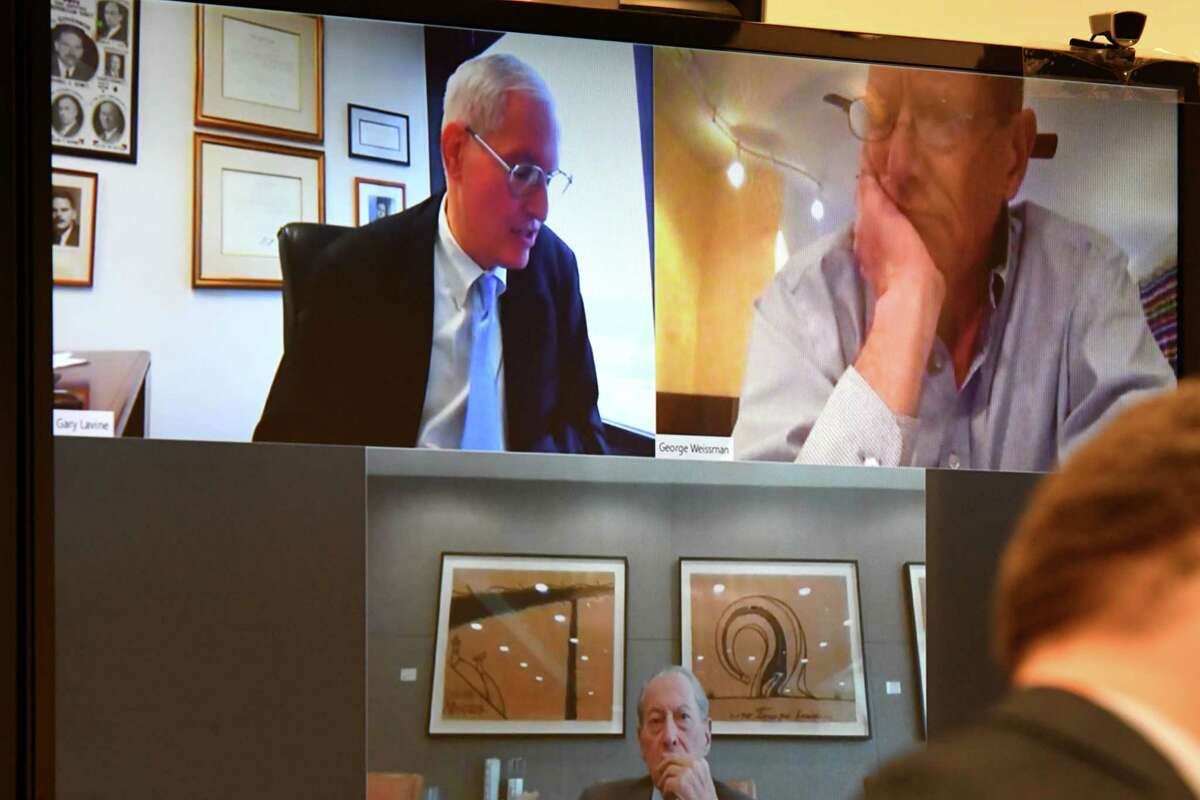 New York State Joint Commission on Public Ethics Commissioner, Gary Lavine, upper left, addresses commission members via teleconference during a meeting on Tuesday, Feb. 25, 2020, in Albany, N.Y. (Will Waldron/Times Union)