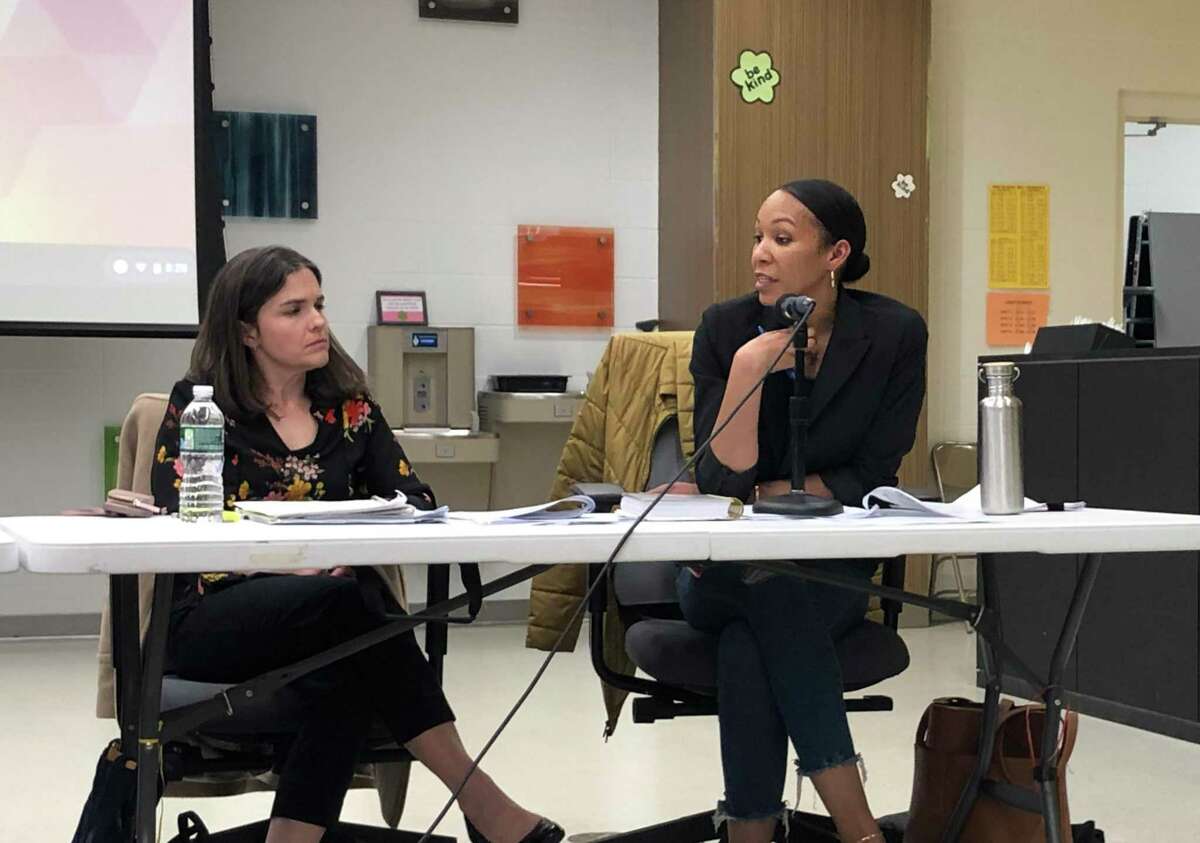 Stratford Board of Education members Andrea Corcoran and Janice Cupee at a Feb. 24, 2020 meeting.