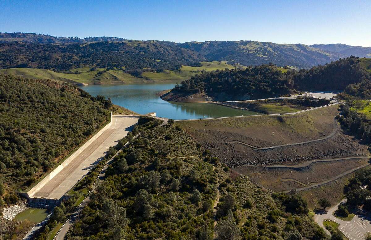 An aerial view of the Anderson Lake Reservoir dam and spillway on Tuesday, Feb. 25, 2020 in Morgan Hill, Calif.