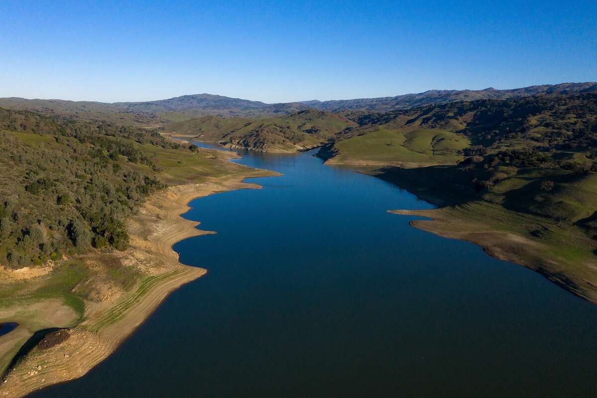 An aerial view of Anderson Lake Reservoir on Tuesday, Feb. 25, 2020 in Morgan Hill, Calif.