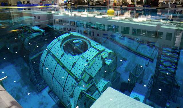 A mock-up of the International Space Station at NASA’s Neutral Buoyancy Laboratory is photographed Tuesday, Feb. 25, 2020, in Houston.