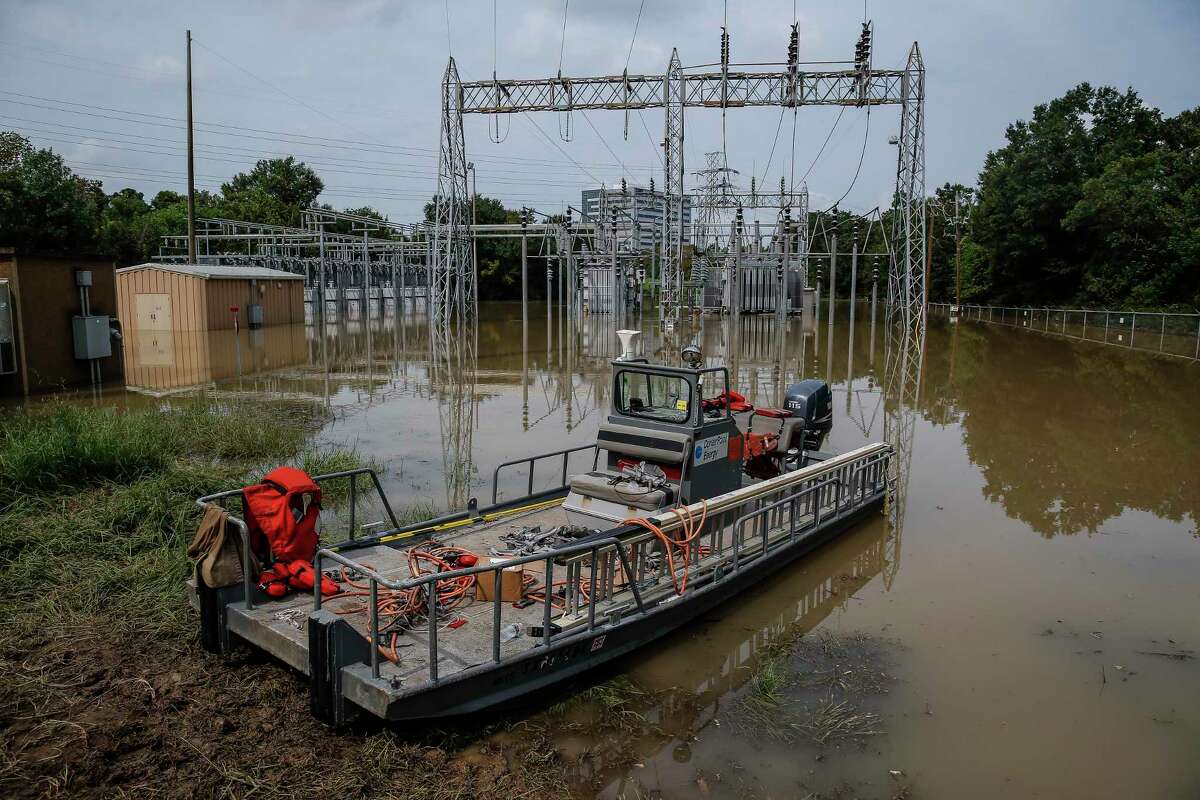 A CenterPoint Energy boat sits at a flooded substation where crews worked to restore power in the days after Hurricane Harvey devastated the area.