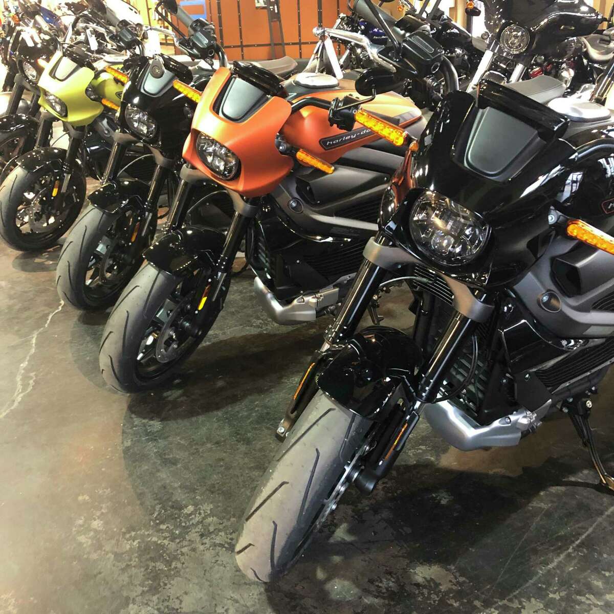 LiveWire electric motorcycles on display at the Harley Davidson dealership in Corpus Christi, Texas.