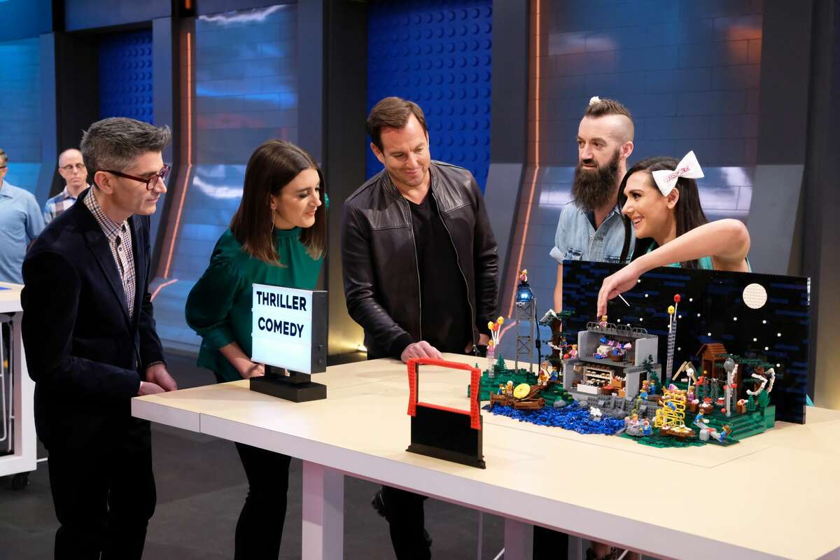 LEGO MASTERS: L-R: Judges Jamie Berard and Amy Corbett with host Will Arnett and contestants Sam and Jessie in the "Movie Genres" episode of LEGO MASTERS airing Wednesday, Feb. 26 (9:01-10:00 PM ET/PT) on FOX. ©2020 FOX MEDIA LLC. CR: Ray Mickshaw/FOX