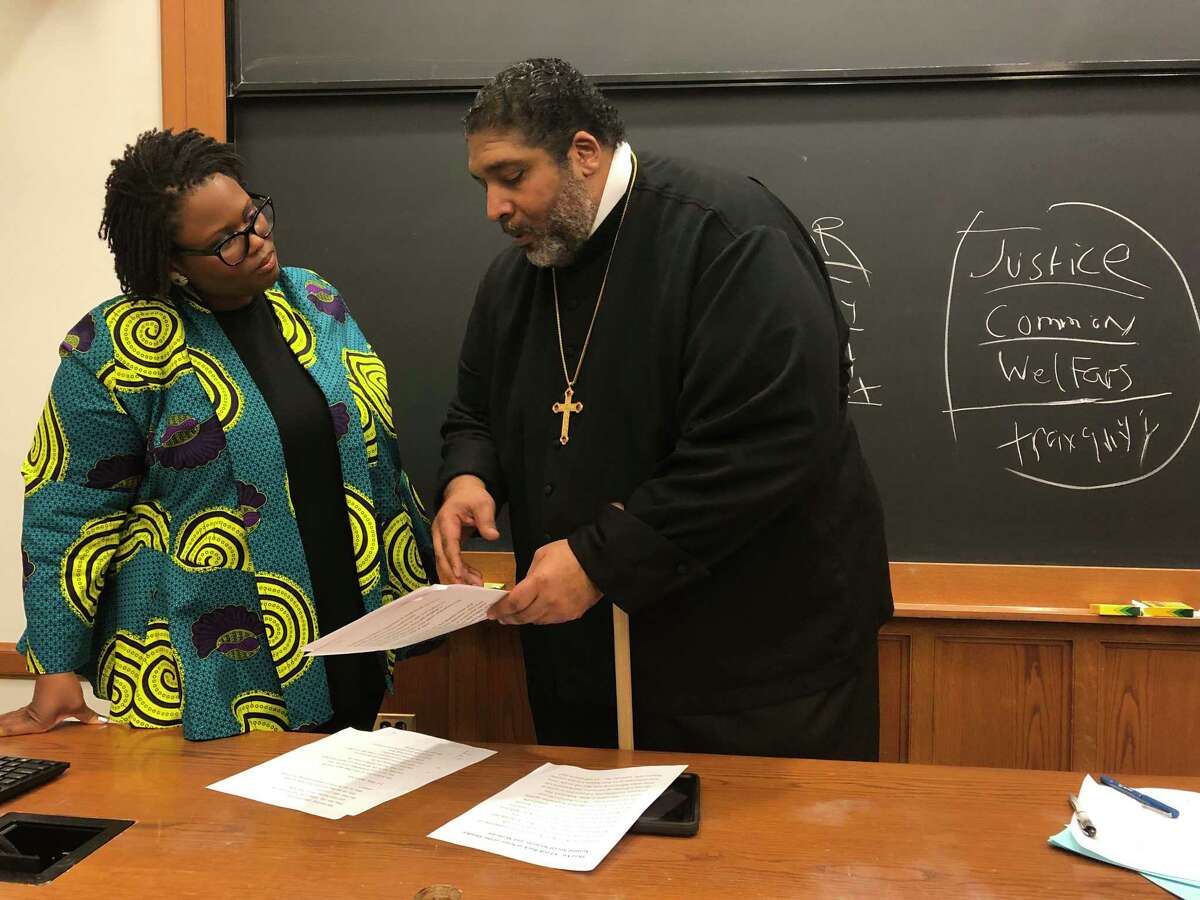 The Rev. William J. Barber, pastor of Greenleaf Christian Church in North Carolina and co-chairman of the national Poor People’s Campaign, spoke with Yale Law School associate professor Monica Bell on Tuesday, Feb. 25. Barber, whose church has become a destination for presidential candidates, is calling for a presidential debate on poverty, and planning a Mass Poor People’s Assembly and Moral March on Washington in June.