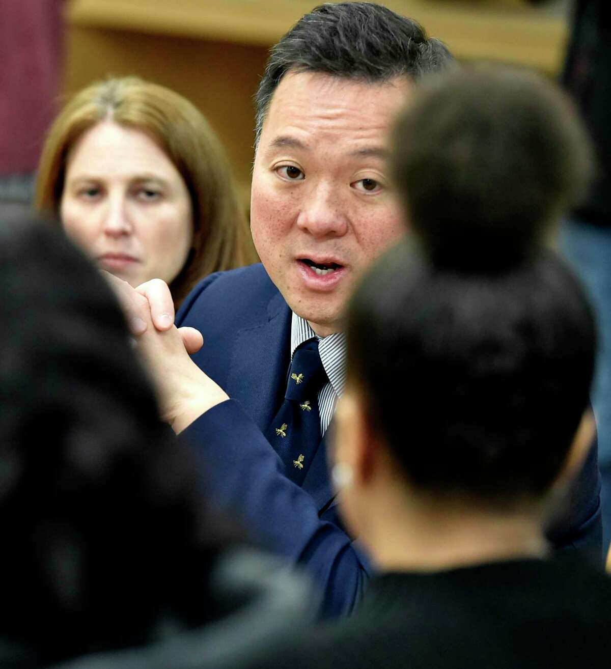 Connecticut Attorney General William Tong, right, with Connecticut Consumer Protection Commissioner Michelle H. Seagull, left, speak with Hillhouse High School students Tuesday, February 25, 2020 at Hillhouse in New Haven about the impact of Juul and vaping. Tong and Attorneys General from Florida, Nevada, Oregon and Texas today announced a bipartisan, multistate investigation into Juul Labs. The 39-state coalition is “investigating Juul’s marketing and sales practices, including targeting of youth, claims regarding nicotine content, and statements regarding risks, safety and effectiveness as a smoking cessation device.”