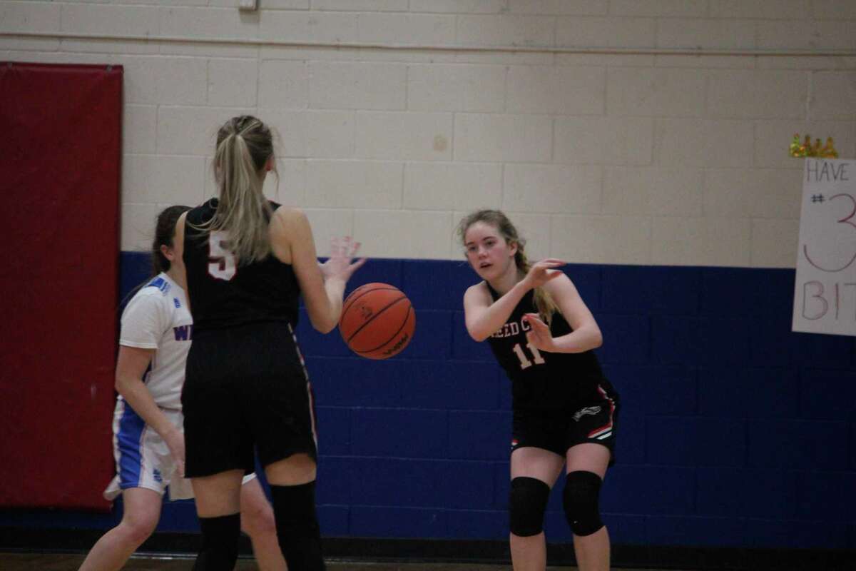 Reed City's Paige Lofquist (11) makes the pass to Christina Malackanich. (Herald Review photo/John Raffel)