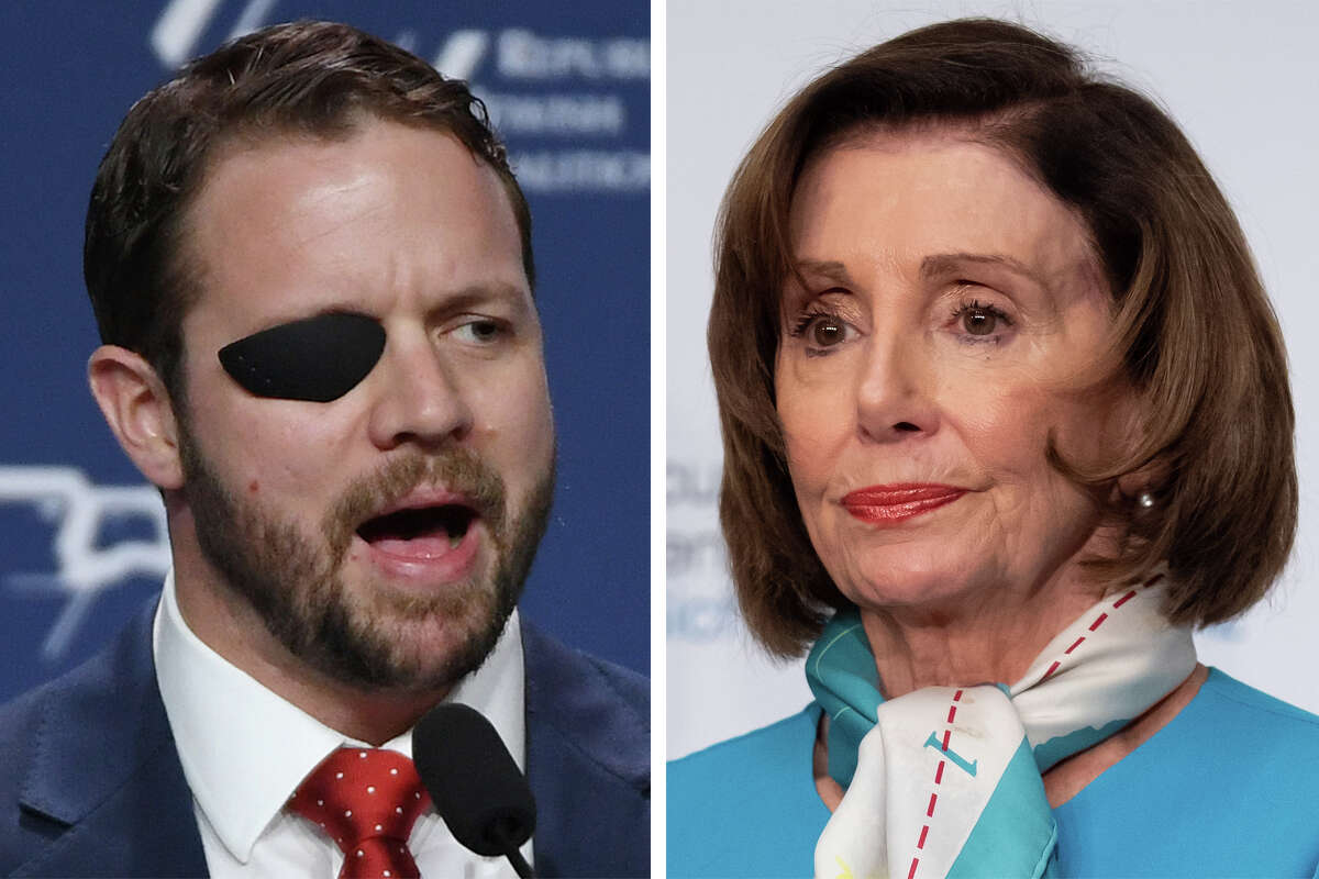 Rep. Dan Crenshaw and House Speaker Nancy Pelosi are pictured in this composite photo.