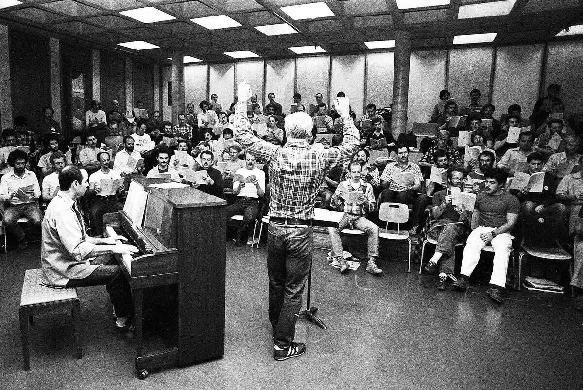 Feb. 23, 1981: Conductor Dick Kramer leads the San Francisco Gay Men's Chorus in preparation for their first national tour.