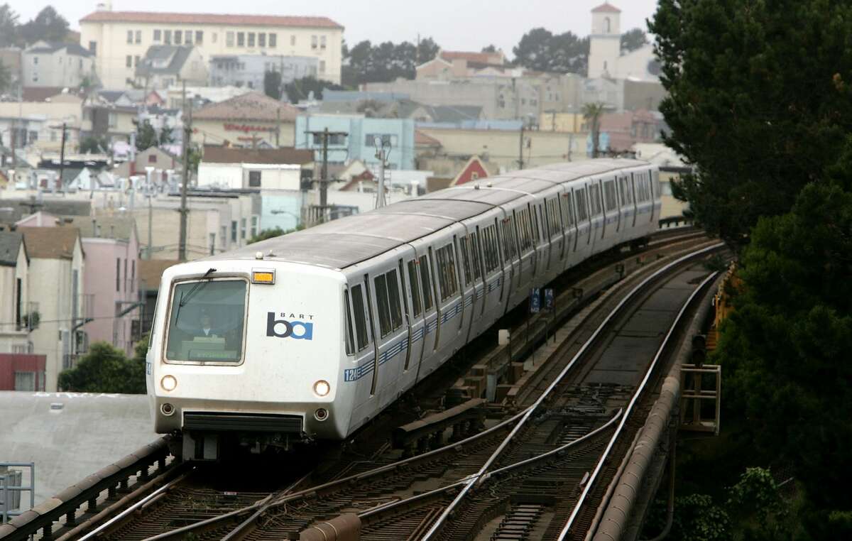 A Bay Area Rapid Transit (BART) train travels toward downtown San Francisco.