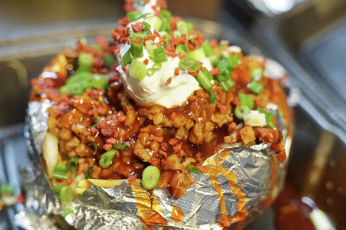 The loaded baked baked potato at the Houston Sauce Pit is 100 percent vegan.
