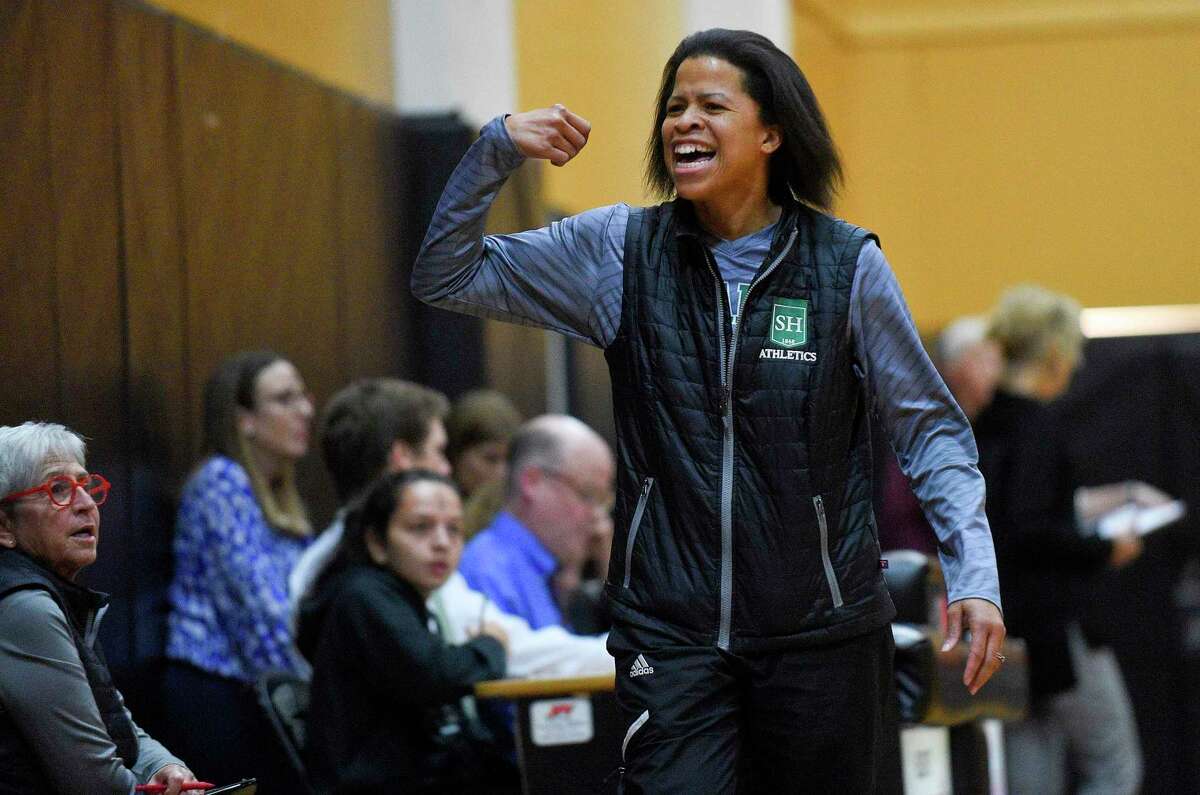 Sacred Heart Greenwich coach Ayo Hart reacts to a call by an official during the Tigers 68-53 loss to the Storm of St. Luke's in an FAA semi final girls basketball championship game at St. Luke's School in New Canaan, Conn. on Feb. 26, 2020.