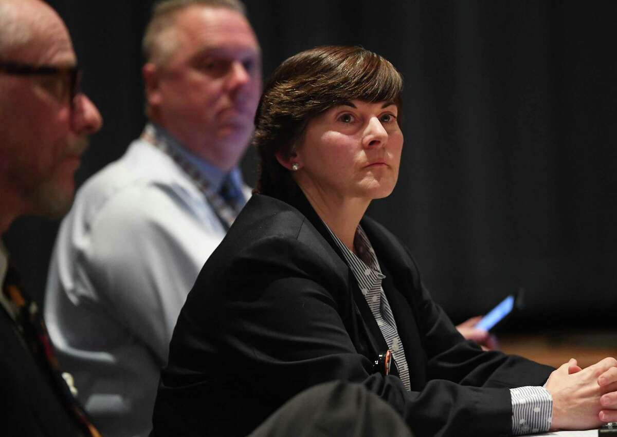 Interim Superintendent Beth Smith, pictured at a Board of Education meeting in February, will be holding in-person meetings with students and parents about the district’s fall school reopening plan.