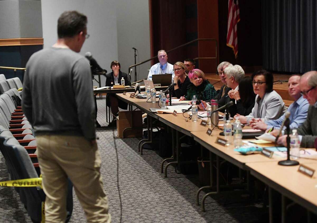 The Shelton Board of Education listens to public comment at its Feb. 26 meeting.