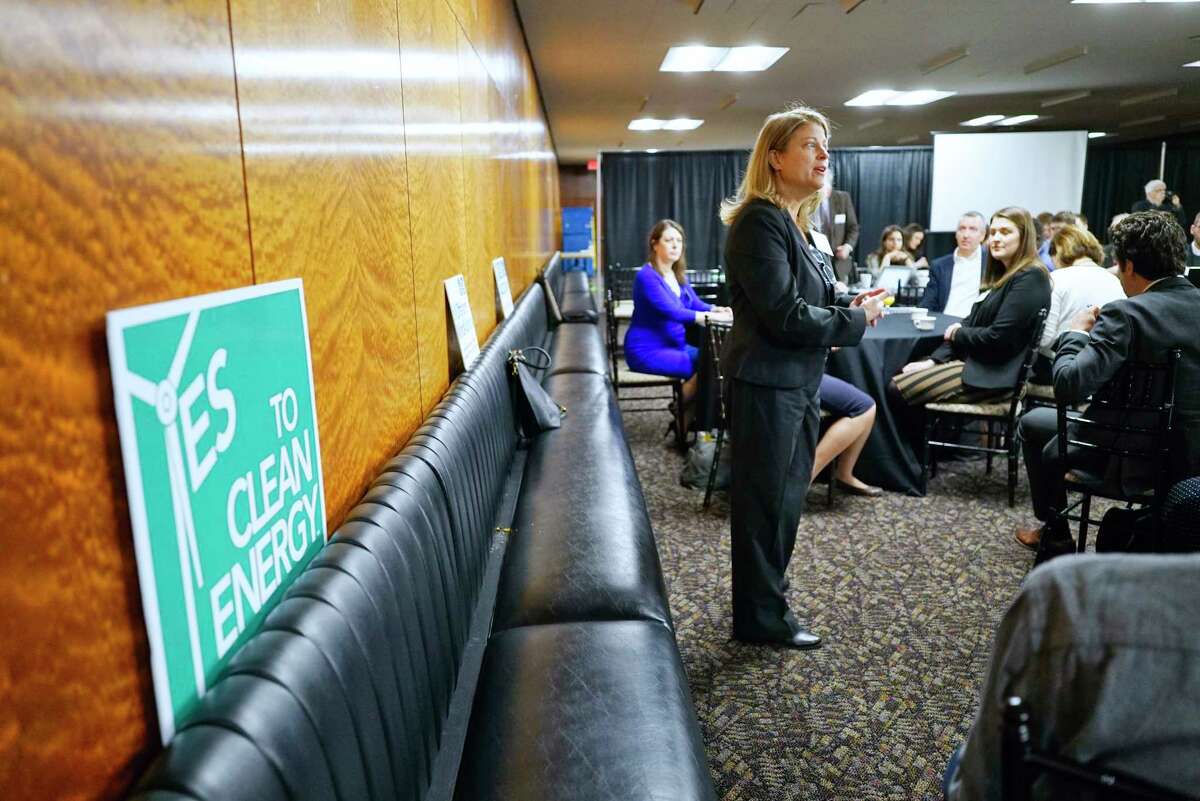 Anne Reynolds, executive director of Alliance for Clean Energy New York speaks at a legislative breakfast hosted by renewable energy advocates on Thursday, Feb. 27, 2020, in Albany, N.Y. (Paul Buckowski/Times Union)