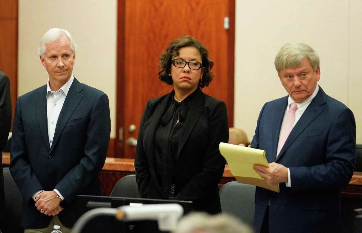 Richard Rowe, Arkema CEO, left, and his defense attorneys Letitia Quinones and Rusty Hardin are shown during the Arkema Inc. criminal trial at Harris County Criminal Courthouse 1201 Franklin St., Thursday, Feb. 27, 2020.