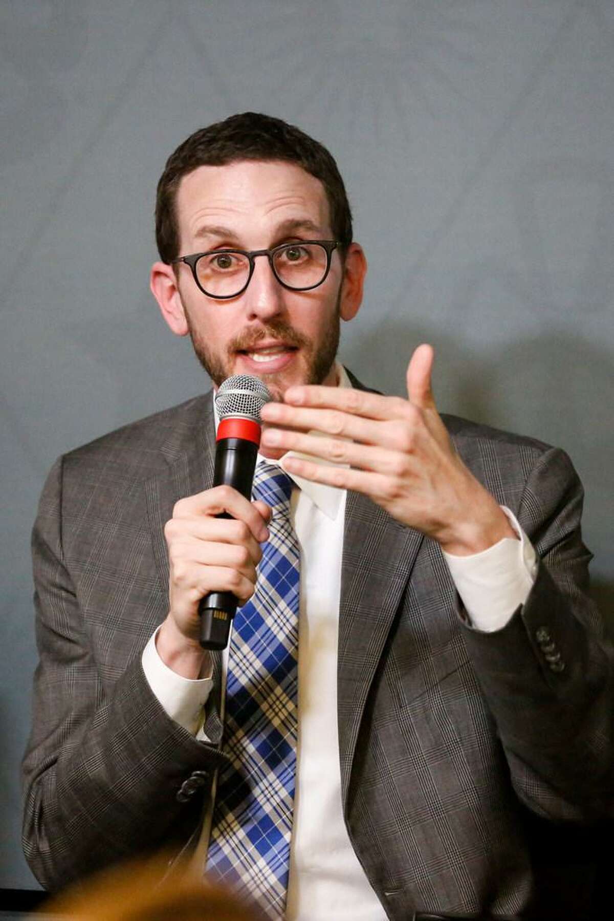 State Senator Scott Wiener speaks at a panel discussion on housing at the Yelp headquarters on Thursday, April 18, 2018 in San Francisco, California.