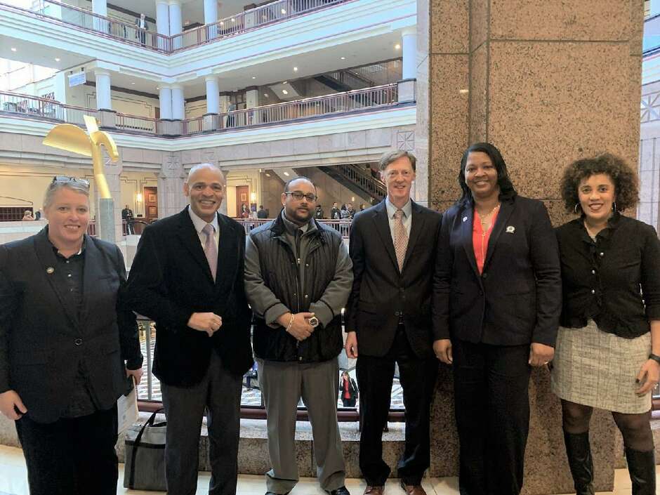 From left, City Plan Director Aicha Woods, New Haven Livable City Initiative Deputy Director Rafael Ramos, LCI Project Manager Jeffrey Moreno, Mayor Justin Elicker, LCI Manager for Neighborhood and Commercial Development Arlevia Samuel and Housing Authority Executive Director Karen DuBois Walton.
