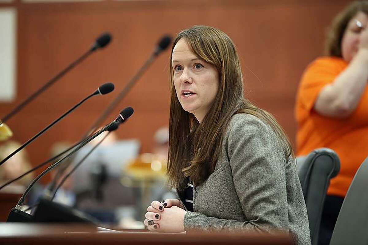 Rep. Jillian Gilchrest, of West Hartford, testifies in favor of the ammunition tax bill.