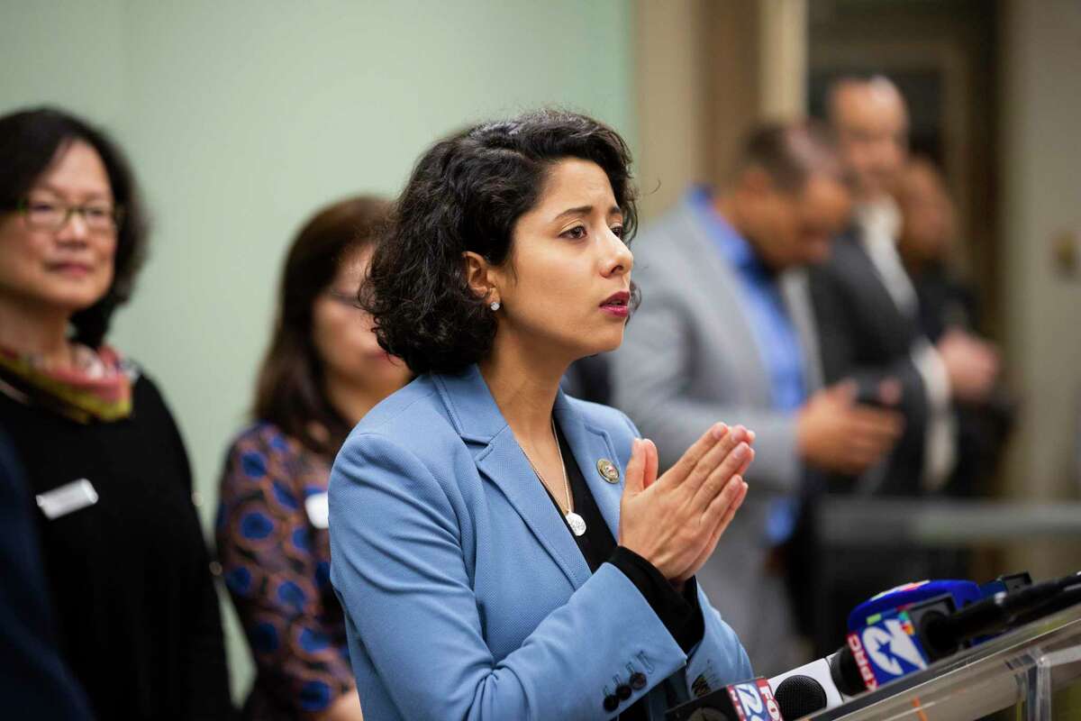 Harris County judge Lina Hidalgo, shown here at a news conference last month, urged local residents Thursday to continue taking precautions after an elderly Fort Bend County man tested positive for coronavirus.