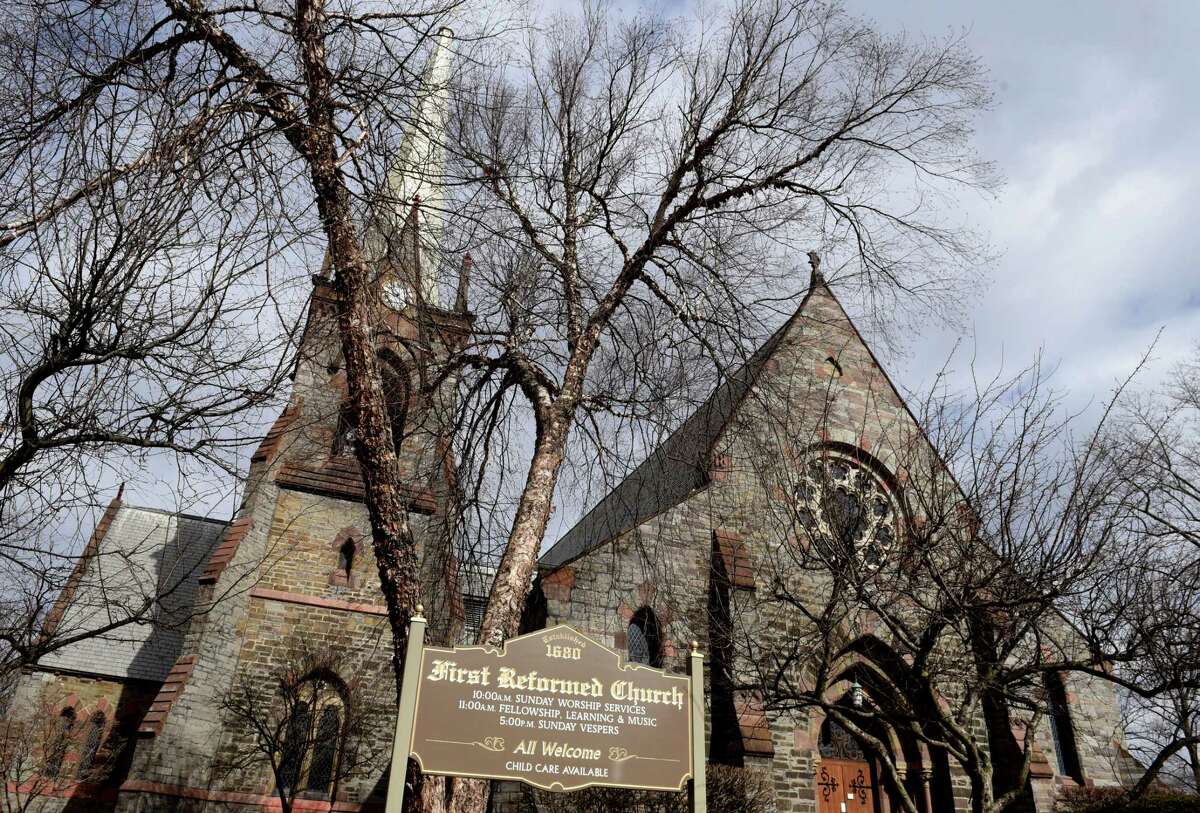 Exterior of First Reformed Church on Friday, Feb. 28, 2020, in the Historic Stockade District of Schenectady, N.Y. In 2018, the church was targeted in a massive 'swatting' scheme that involved someone calling 911 and causing a police response to the church. (Will Waldron/Times Union)