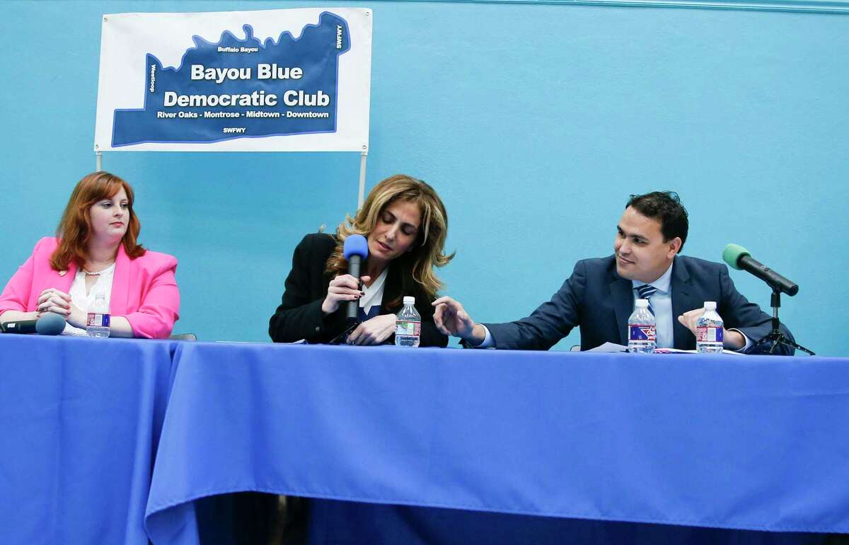 Democratic candidates for Texas' 2nd Congressional District: Elisa Cardnell (from left), Sima Ladjevardian and Travis Olsen, participate in a forum by the Bayou Blue Democratic Club at St. Stephen's Episcopal School in Houston on Wednesday, February 12, 2020. The winner will face Republican Rep. Dan Crenshaw in the general election.