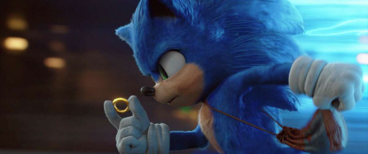This image released by Paramount Pictures shows Sonic, voiced by Ben Schwartz, in a scene from