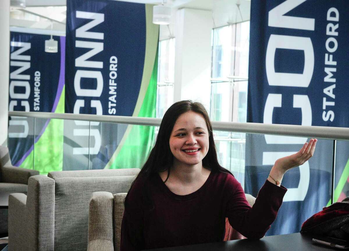 University of Connecticut senior Dana Wachsmuth makes a point during an interview at the UConn campus in downtown Stamford, Conn. on Feb. 27, 2020. She plans to apply to the Governor’s Innovation Fellowship.