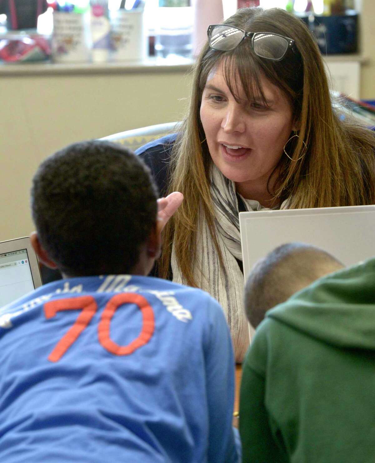 Second Grade teacher Kathy Hamilton works with students at Ellsworth Avenue Elementary school using ELL strategies in the classroom. Friday, February 28, 2020, in Danbury, Conn.